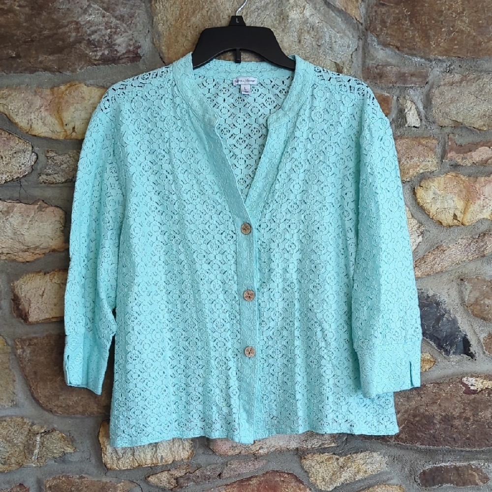 Rebecca Malone Aqua Lace Button-Up Blouse